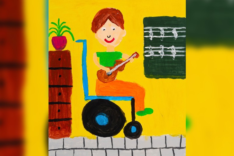 Kinderbild einer Person im Rollstuhl die Gitarre spielt