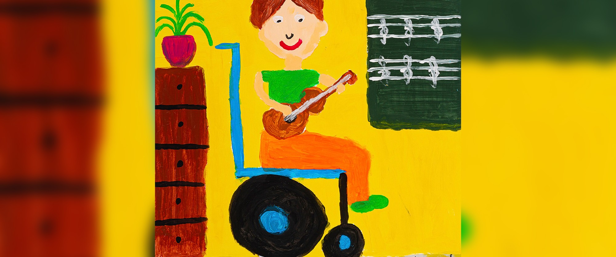 Kinderbild einer Person im Rollstuhl die Gitarre spielt