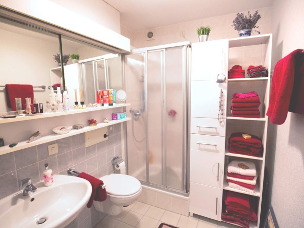 Ein Badezimmer mit einer Dusche und modernen, weißen Schränken, in denen rote Handtücher ordentlich gestapelt sind. Auf dem Waschbecken liegen verschiedene Pflegeprodukte.