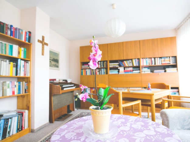 Wohnzimmer mit Bücherregalen, Kreuz an der Wand und einer Orchidee auf einem Tisch.