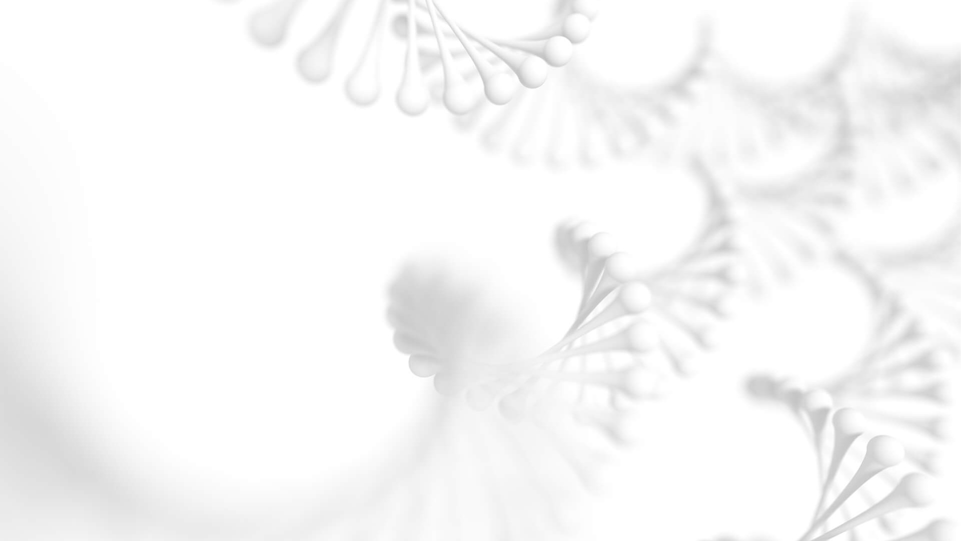 Abstrakte Darstellung einer DNA-Doppelhelix in Weiß auf einem hellen Hintergrund. Die spiralförmigen Strukturen wirken schwebend und futuristisch.